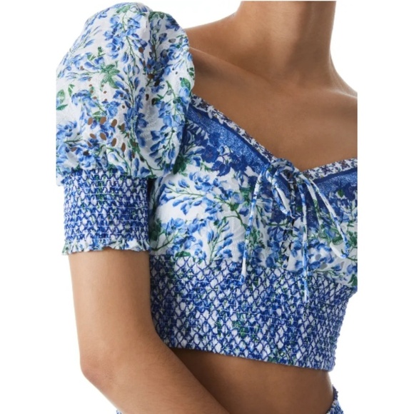 NWT ALICE + OLIVIA Crawford Floral Puff Sleeve Cotton Silk Crop Top Sz. L - Picture 4 of 5